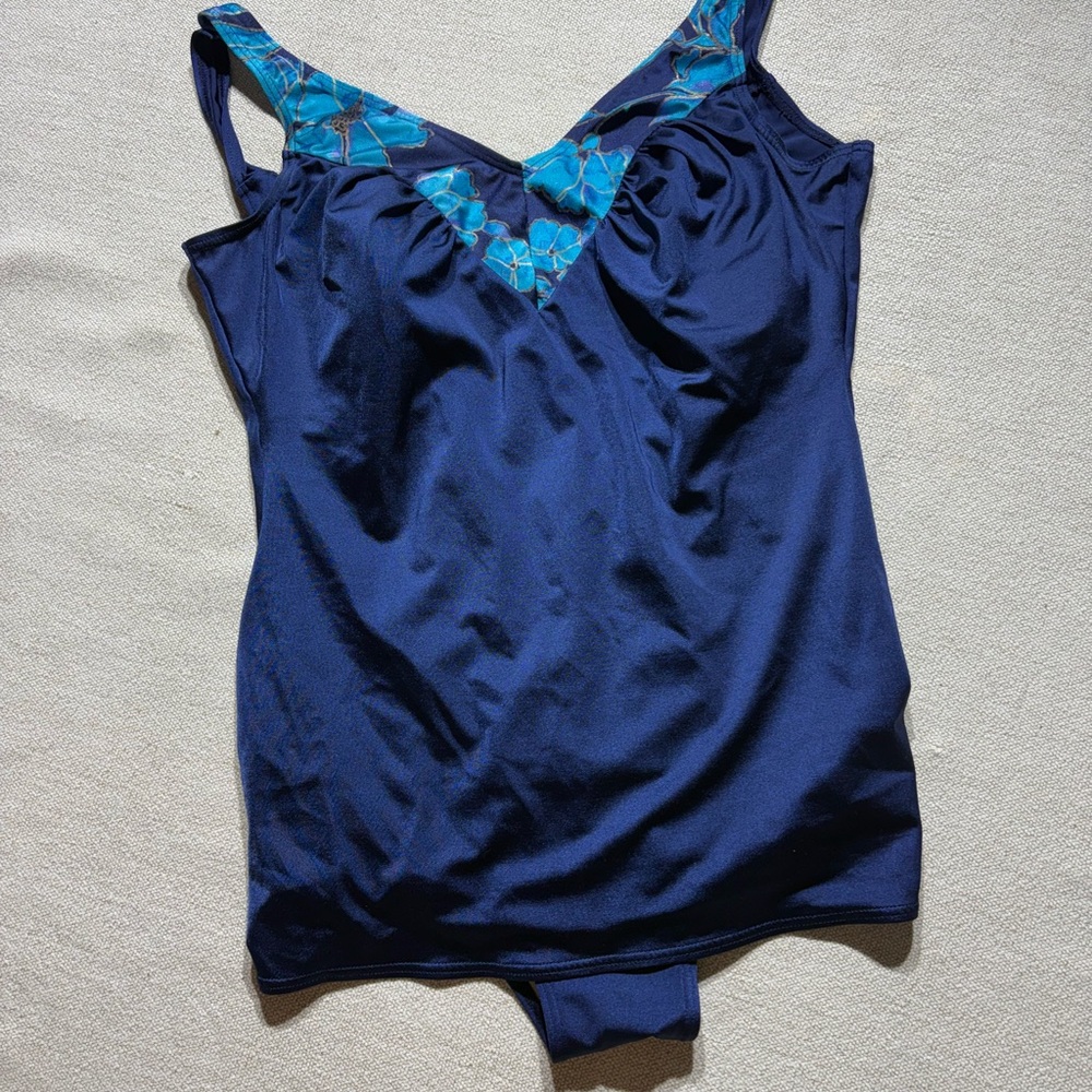 Swimwear By EA VINTAGE Navy Blue One Piece Swimsuit with Teal Floral Accents